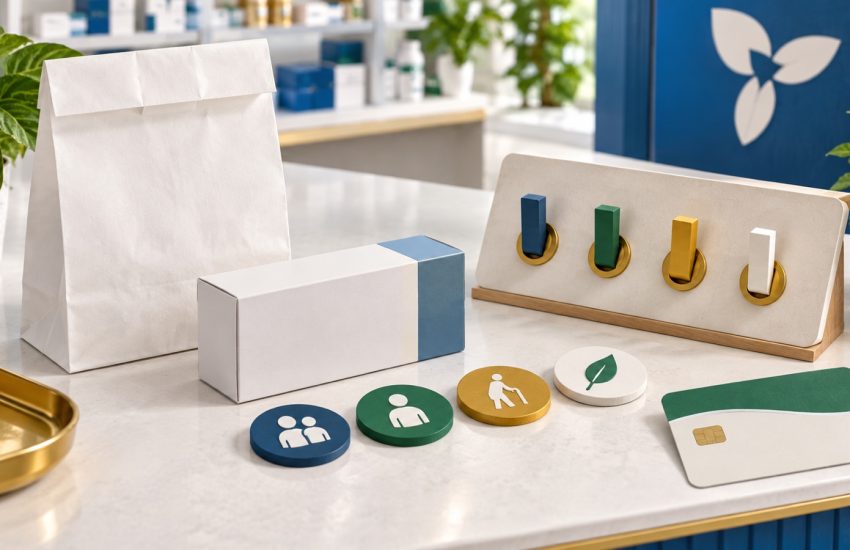 Ontario pharmacy counter with blank prescription packaging, eligibility tokens and a coverage switchboard