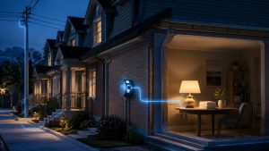 Ontario townhomes with a glowing line tracing electricity from a utility pole through a meter to a lamp