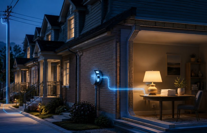 Ontario townhomes with a glowing line tracing electricity from a utility pole through a meter to a lamp