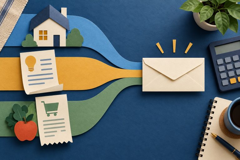 Three paper pathways from household expenses converging on one benefit envelope