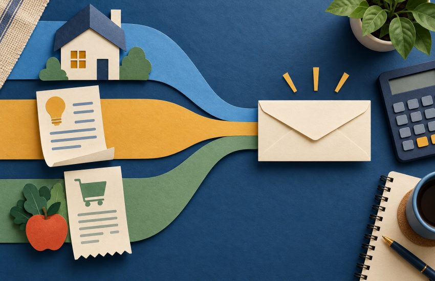 Three paper pathways from household expenses converging on one benefit envelope