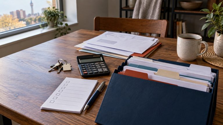 Organized folders, calculator and checklist prepared for an Ontario Works application