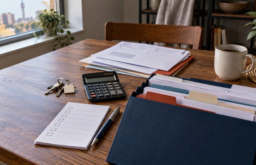 Organized folders, calculator and checklist prepared for an Ontario Works application