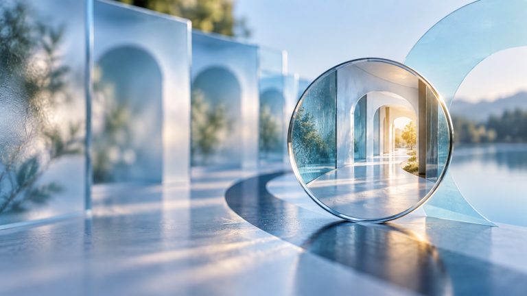 Clear optical lens bringing an abstract eye-care pathway into focus