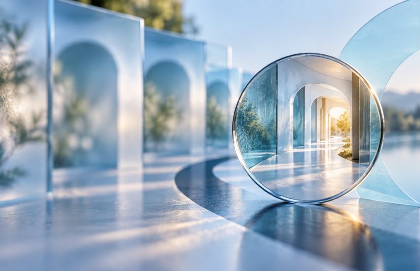 Clear optical lens bringing an abstract eye-care pathway into focus