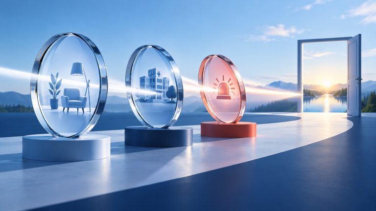 Three clear optical lenses guiding light toward an open sunlit doorway