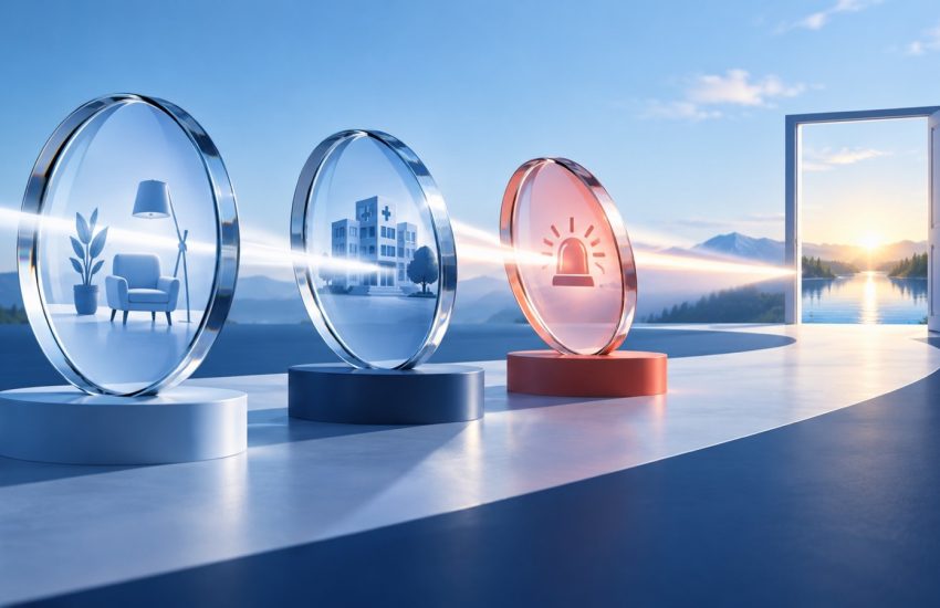 Three clear optical lenses guiding light toward an open sunlit doorway