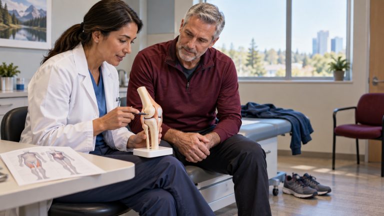 Clinician and patient reviewing a knee model during a musculoskeletal assessment