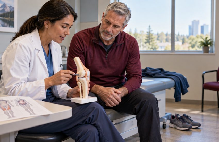 Clinician and patient reviewing a knee model during a musculoskeletal assessment