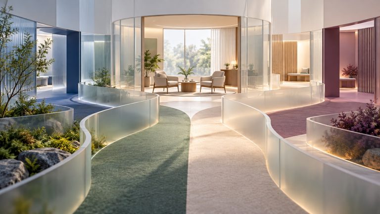Abstract branching care paths converging on a calm psychiatry consultation room