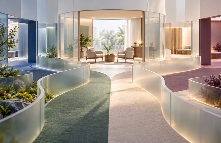 Abstract branching care paths converging on a calm psychiatry consultation room