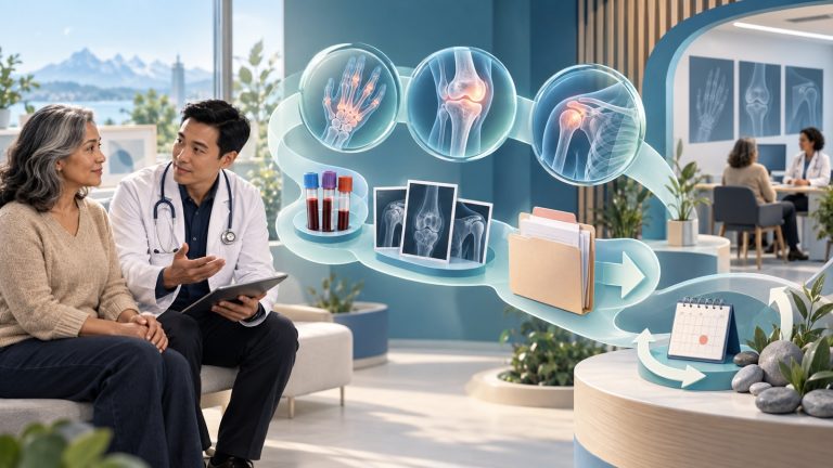 Patient and clinician reviewing a rheumatology referral pathway with joint images, tests and follow-up steps