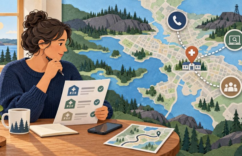 Sudbury resident comparing verified family-doctor routes on a Northern Ontario map