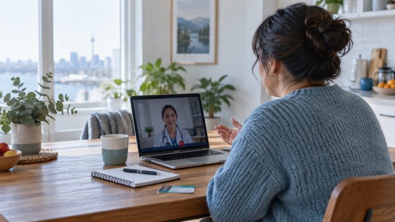 Patient speaking with a clinician through a laptop during a virtual appointment at home