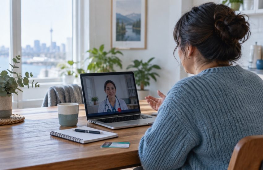 Patient speaking with a clinician through a laptop during a virtual appointment at home
