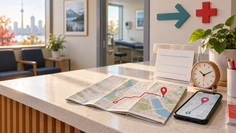 Clinic reception with a city map, location route, phone, clock and blank hours card