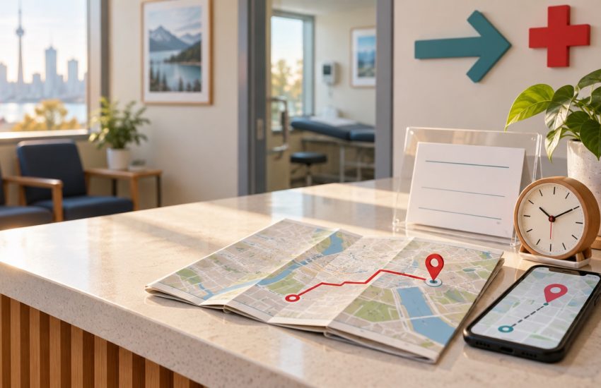 Clinic reception with a city map, location route, phone, clock and blank hours card