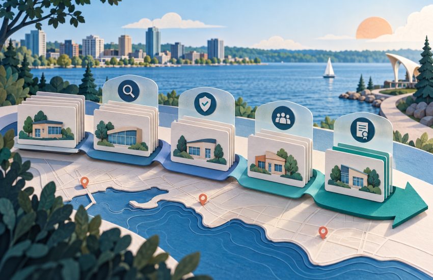 Paper clinic cards moving through four verification points beside Barrie's lakeshore