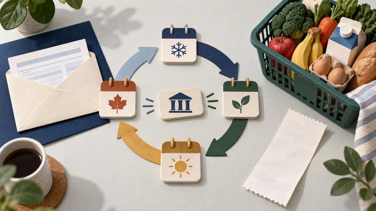 Editorial quarterly benefit calendar with grocery basket, tax return envelope and four payment markers