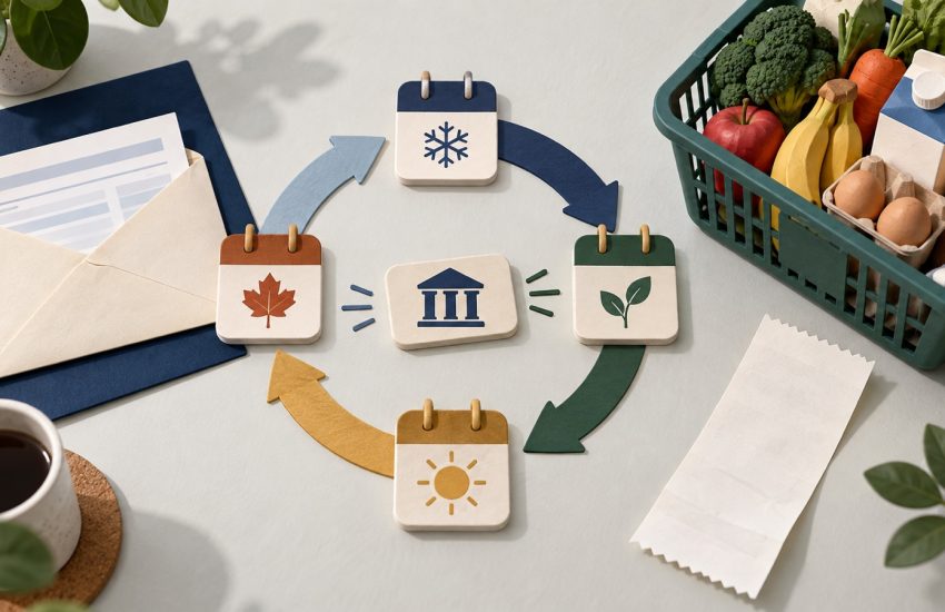 Editorial quarterly benefit calendar with grocery basket, tax return envelope and four payment markers