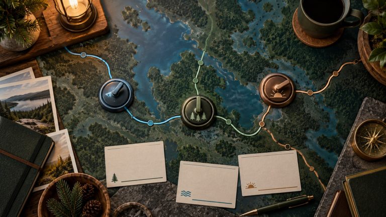 Three unlabelled route controls connecting blank clinic cards across an abstract North Bay map