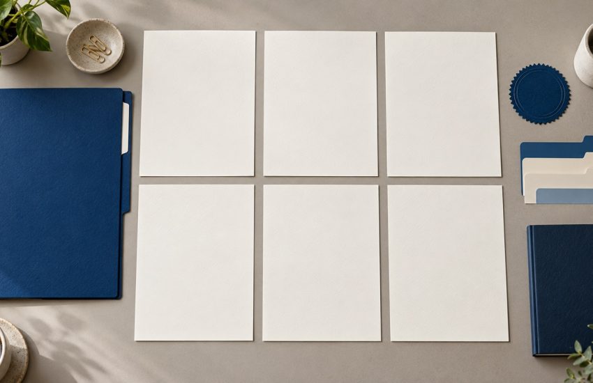 Blank numbered dossier exhibits arranged beside a blue folder on an orderly desk