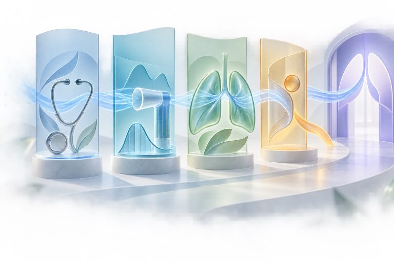 Translucent airflow passing through four breathing-care service stations