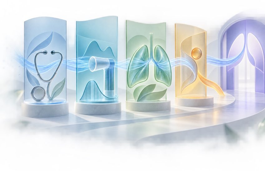 Translucent airflow passing through four breathing-care service stations