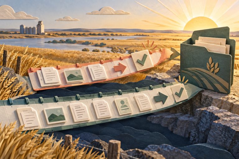 Two paper application ribbons crossing a Saskatchewan prairie toward a secure folder
