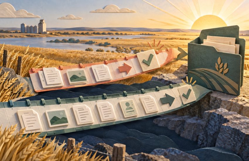 Two paper application ribbons crossing a Saskatchewan prairie toward a secure folder